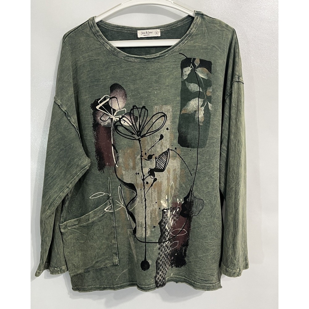 Jess & Jane XL Women's Green Mineral Wash Floral Tunic Pocket Top Lagenlook